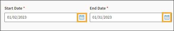 Start and End Date fields with yellow highlight boxes around the calendar icons.